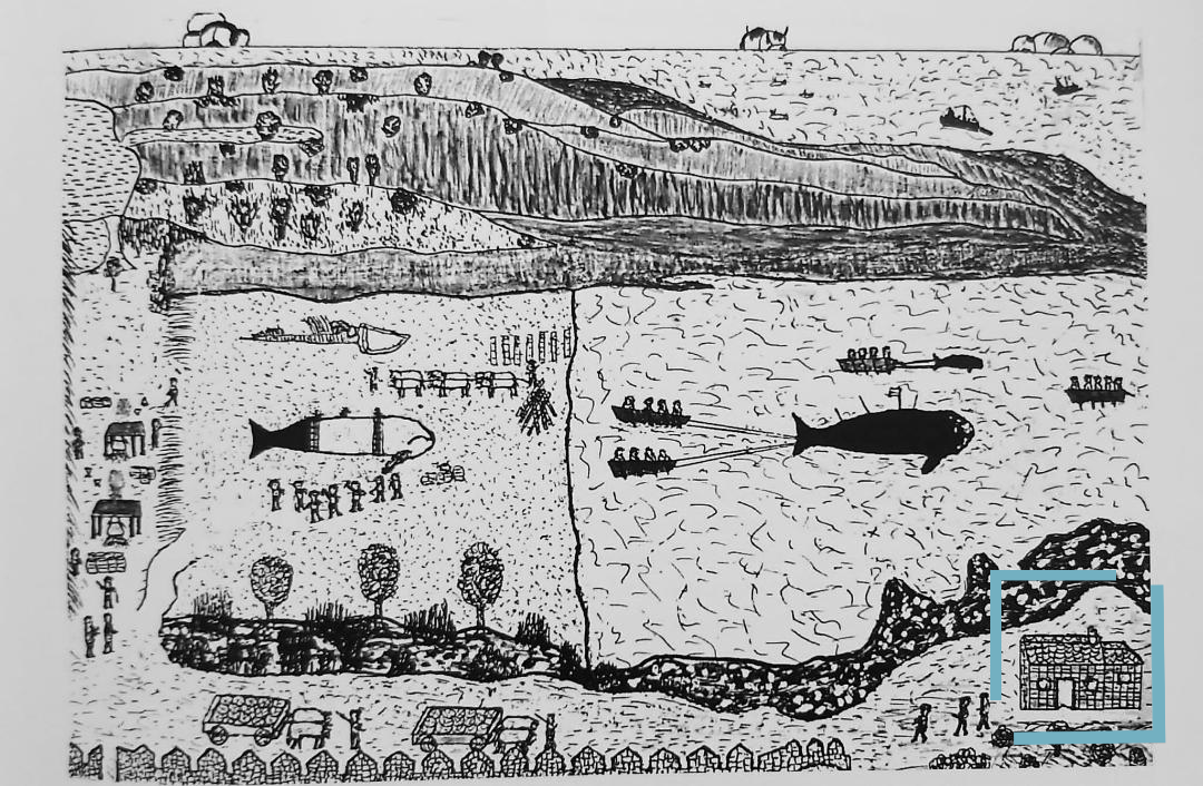 Antigua lamina donde aparece la Casa de Ballenas